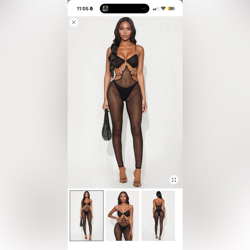 Fashion nova starlets Black Sheer jumpsuit with Cutout hardware Design